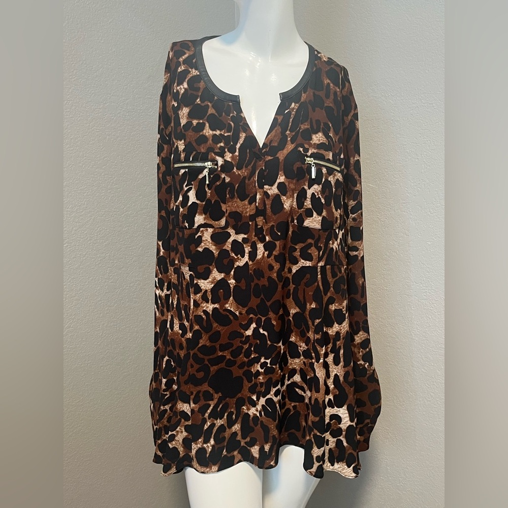 Rafaella Women’s Brown/Black Animal Print  Roll Tab Sleeve Tunic Blouse Size XXL